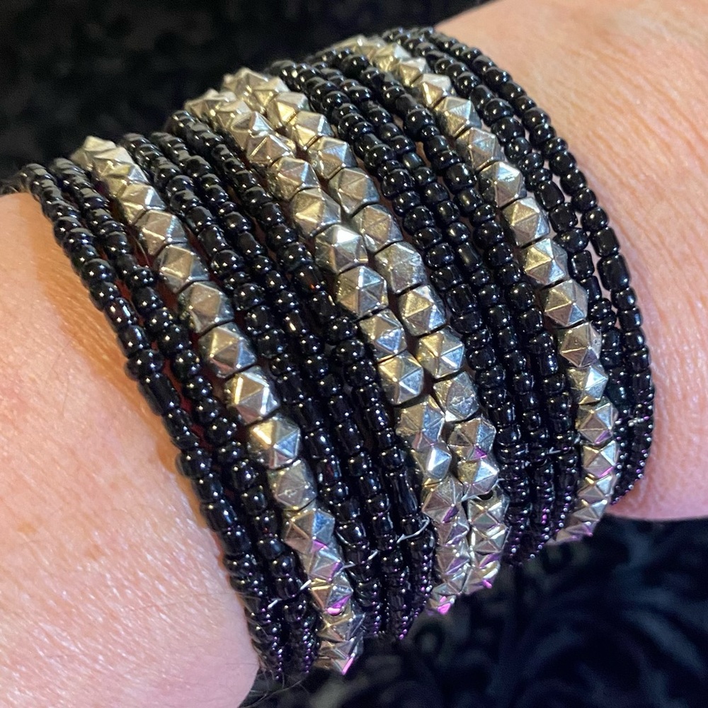 Beaded cuff bracelet, best for wrists under 7”, 2”wide, 2 1/2” across see pics